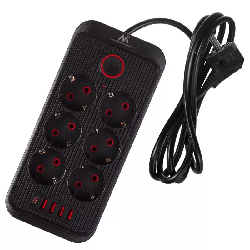 Pistikupesadega pikendusjuhe MACLEAN MCE389 B — 6 pistikupesa, 4×USB-A + 1×USB-C, 110–240V, 2,1A, 2500W, 1,5 m kaabel, must