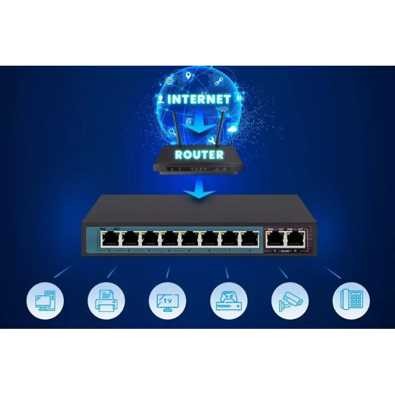 Extralink PoE kommutaator CERES 8x 100Mb/s PoE/PoE+, 2x RJ45 üleslink 100Mb/s, 96W