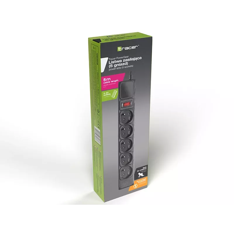 Liigpingekaitse TRACER PowerGear Tracer 47138 5 m must pistikupesadega pikendusjuhe 5 m kaabliga