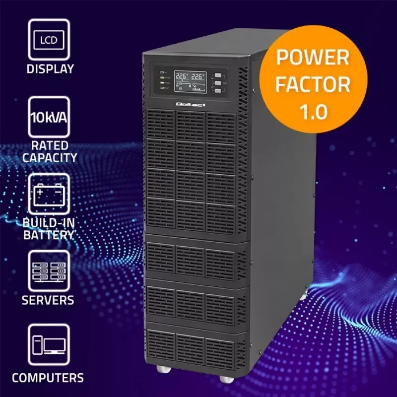 Qoltec 52284 Katkematu toiteallikas UPS | 10kVA | 10000W | Võimsustegur 1.0 | LCD | EPO | USB | Online