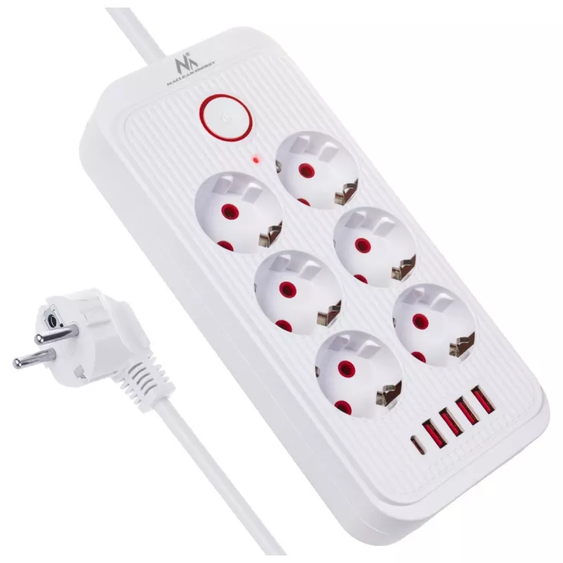 Pikendusjuhe MACLEAN MCE391 W — 6 pistikupesa, 4×USB-A + 1×USB-C, 3 m kaabel, 110–240 V, 2500 W, valge