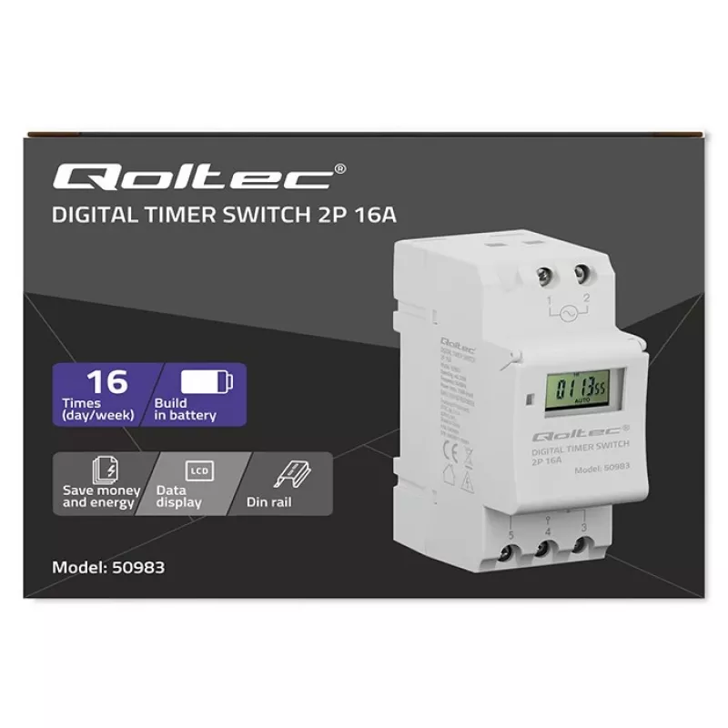 DIN-liistu elektrooniline taimerlüliti QOLTEC 50983, akutoitega, automaatikaskeemidele