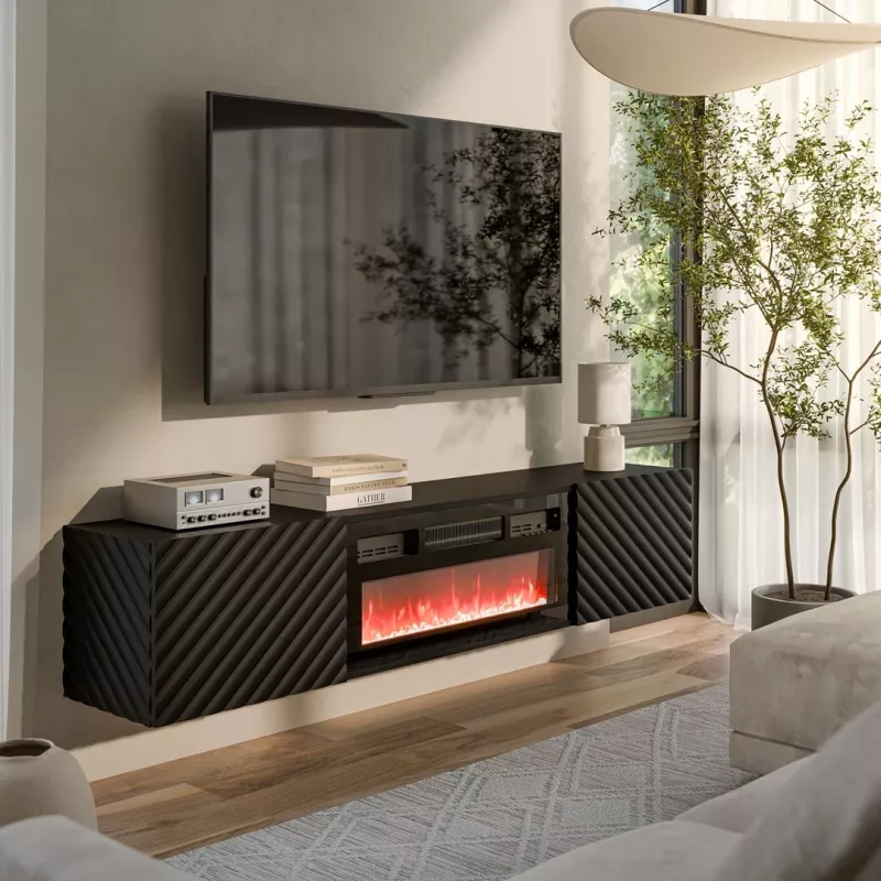 TV-kapp Cama Meble LARA 183x35x37 cm must matt sisseehitatud elektrikaminaga