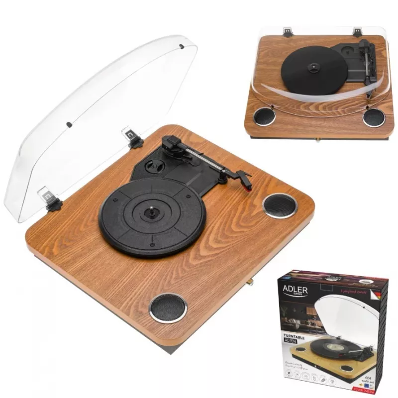 Analoog-vööajamiga plaadimängija Adler AD 1914, USB-pesa, keraamiline alustaldrik, DC-mootor, 33 1/3 p/min, Bluetooth 5.4, RCA-väljundid, sisseehitatud kõlarid