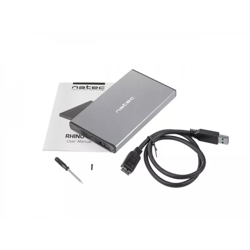Väline kõvaketta/SSD-korpus NATEC Rhino GO — 2,5-tolline SATA, 9,5 mm, USB 3.0, alumiinium, hall, kuni 4 TB