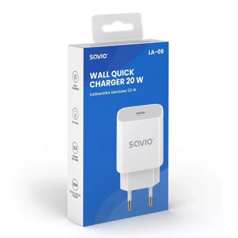 Seinalaadija 20W LA-09 USB-C QC, PD 3.0 Savio SAVLA-09