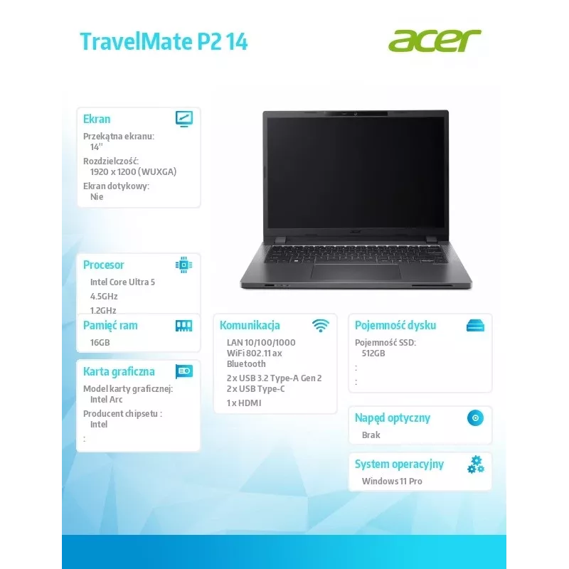 Acer TravelMate P2 TMP214-75-G3-TCO sülearvuti 14-tolline WUXGA IPS, Intel Core i5-125H, 16 GB muutmälu, 512 GB SSD, sõrmejäljelugeja, SmartCard, Windows 11 Pro, 3 a kohapealne NBD