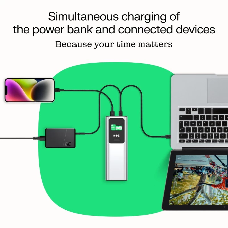 Kaasaskantav aku Green Cell PBGC25UD, 25200 mAh, Li‑Ion, 140 W koguvõimsus, 2× USB‑C + 1× USB‑A, OLED-ekraan, alumiiniumkorp