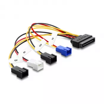 Toitekaabel DELOCK SATA 15-kontaktiline – 4×2-kontaktiline ventilaator (12 V / 7 V / 5 V), 20 cm