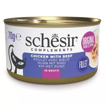 Märg kassitoit Agras Pet Foods SCHESIR Kana veiselihaga puljongis 70 g — täiskasvanud kasside lisatoit, 87% niiskust, 10% valku
