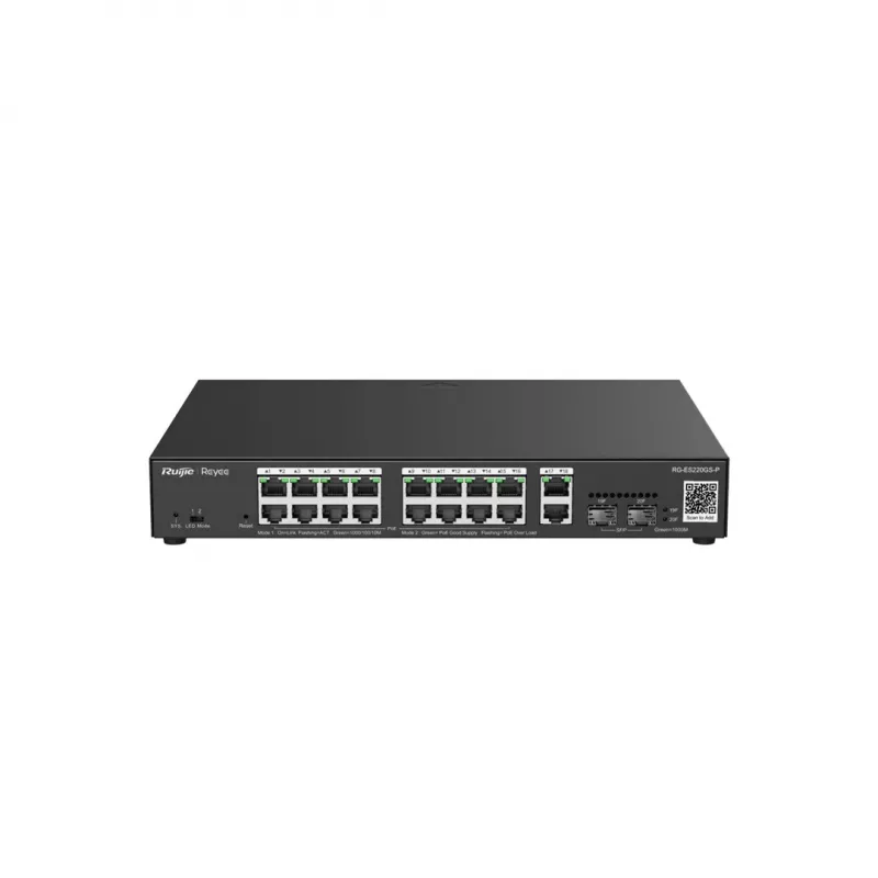 Hallatav L2 Gigabit PoE kommutaator Ruijie RG-ES220GS-P — 18× Gigabit (10/100/1000), IEEE 802.3af/at, 40 Gbit/s, must