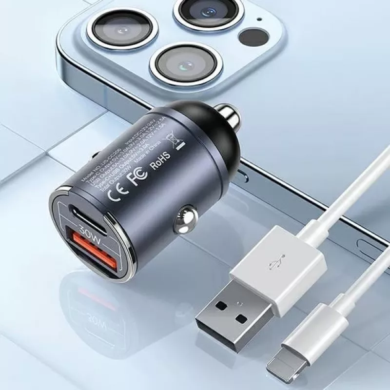 Autolaadija usams C38 30W — 1x USB-A + 1x USB-C kiirlaadimine