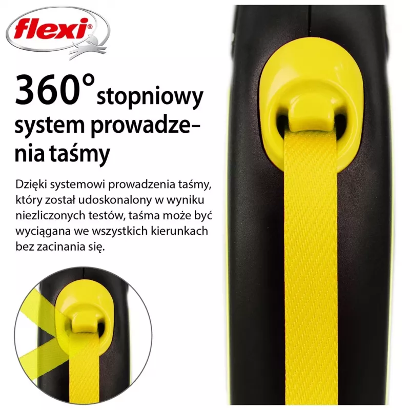 Sissetõmmatav rihm Flexi New NEON 5 m – lindirihm, väikestele koertele kuni 15 kg, must/kollane