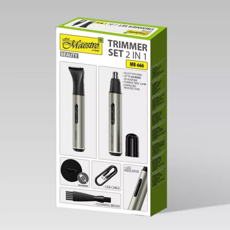 Trimmerikomplekt 2-ühes Maestro MR-666 USB — laetav kaheosaline hoolduskomplekt