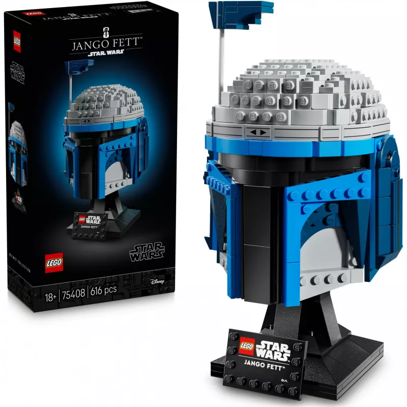 Kogutav LEGO Star Wars kiivri aksessuaar Jango Fett 75408 — 616 tükki, 210×120×110 mm väljapanekumudel