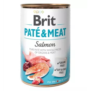 Märg koeratoit Brit Paté & Meat lõhega 400 g — täisväärtuslik konservtoit täiskasvanud koertele, 75% niiskus, 11% valku, 9% rasva