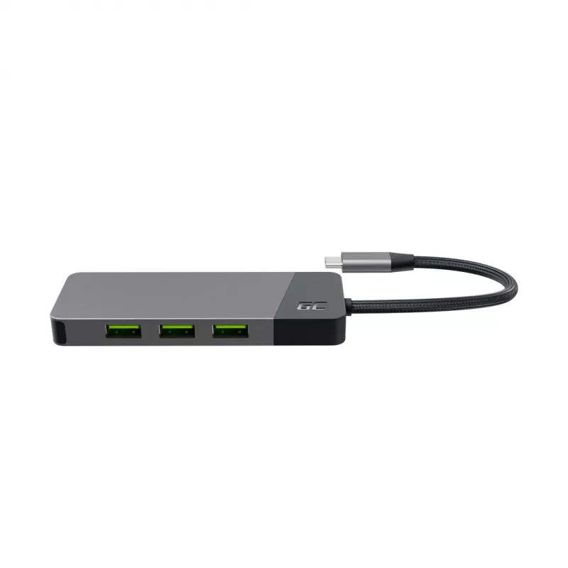 USB Type‑C jaotur roheline Cell HUBGC01 — 7 porti: 3×USB‑A 3.2 Gen 1, 1×USB‑C 3.2 Gen 1, HDMI, microSD+SD mälukaardilugeja — hõbedane