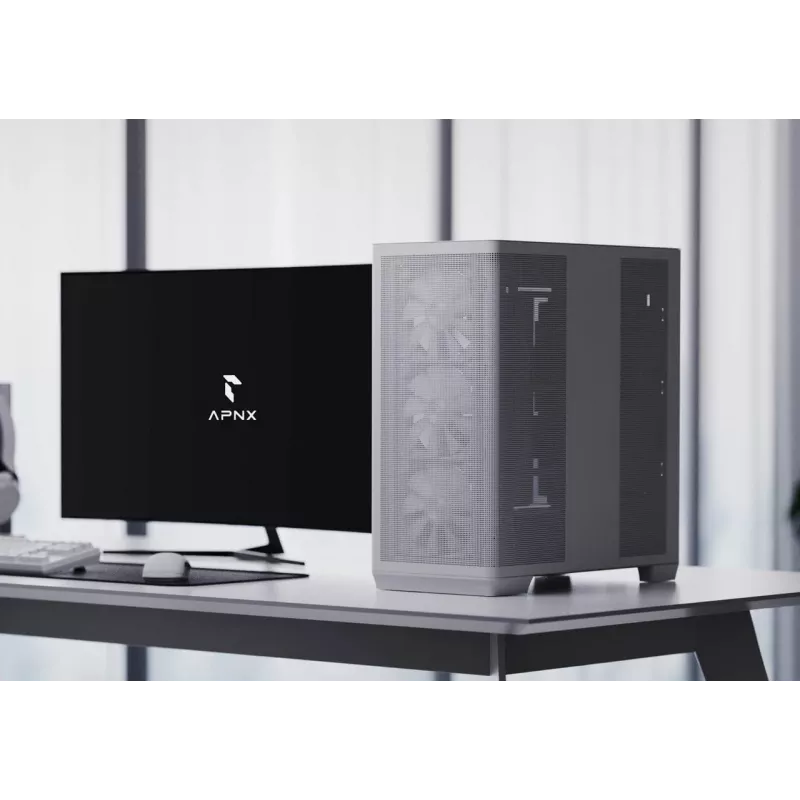 APNX PC Midi Tower C1-R-WT-v1 — valge, toetab ATX/Micro-ATX/Mini-ITX, 3x120 mm esiventilaatorid paigaldatud, 3x3,5 tolli + 3x2,5 tolli pesad, USB 3.2 Gen1 x2