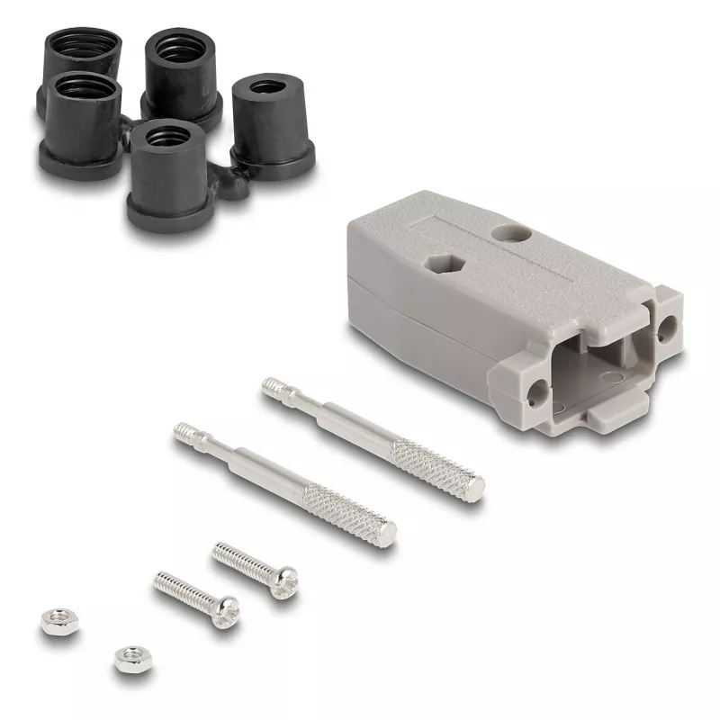 Kaablikate DELOCK D-Sub plastikust korpus 9‑kontaktilisele isas-/emaspistikule kummist tihenditega, hall, 31,2×47,9×16,6 mm