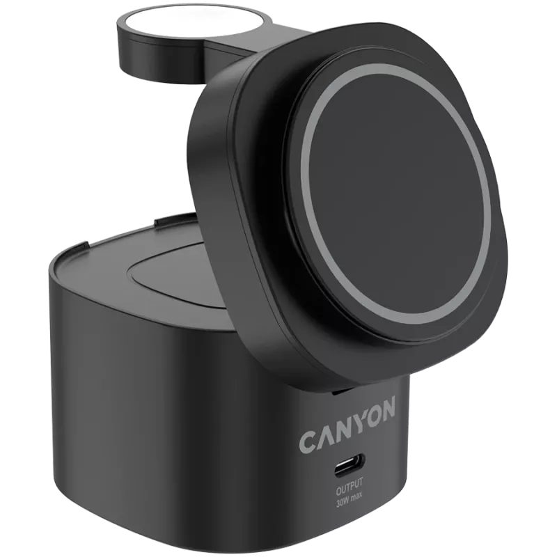 Canyon 4-in-1 juhtmeta laadimisalus, max 30W, mõõdud: 70x70x70,3 mm, kaal: 414 g, koos 65W laadija ja 1M kaabliga, must