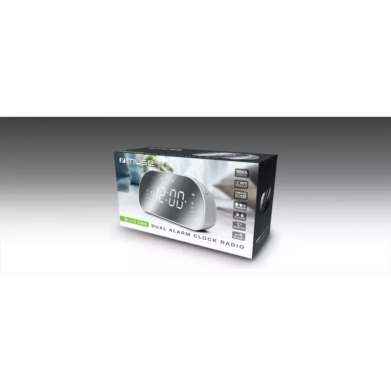 Kellraadio Muse M-170CMR — digitaalne kellraadio, 1,2-tolline LED-ekraan, FM, vahelduvvool 230 V, AAA varutoide, peegel/valge