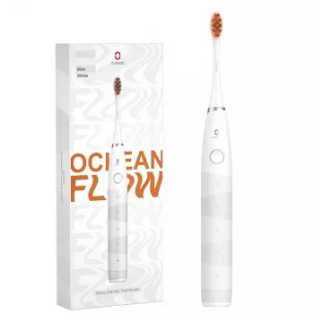 Sonic hambahari OCLEAN FLOW Adult — akutoitel, valgendusrežiim, integreeritud taimer, reguleeritav kiirus, kõrgus 255 mm, valge, 0,13 kg, 1 käepide + 1 harjapea