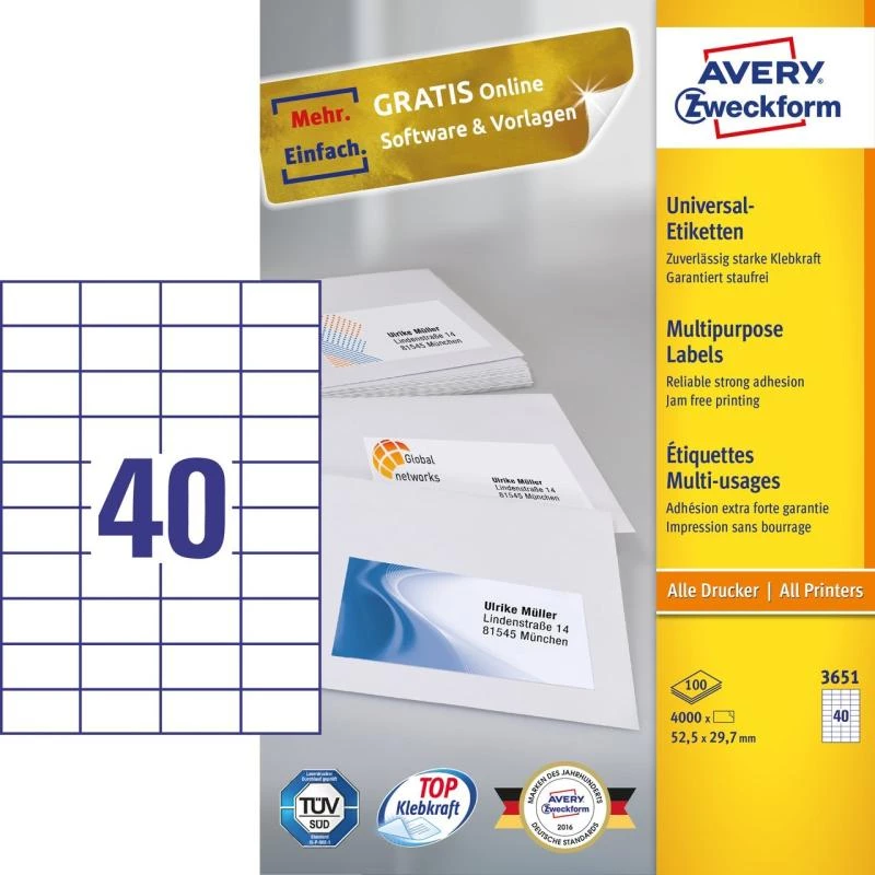 Avery Zweckform 3651 universaalsed sildid 52,5 x 29,7 mm 100 lehte valged