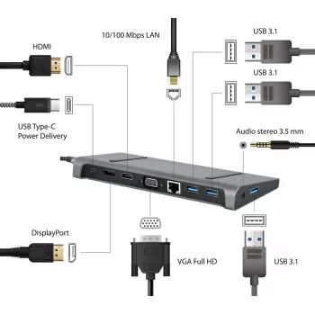 Laptop dock Gembird A-CM-COMBO9-02 USB 3.2 Gen 1 USB-C, HDMI, VGA, 3×USB-A, Gigabit Ethernet, 87W PD, hall