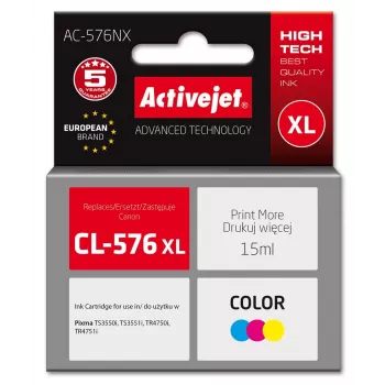 Tindikassett ActiveJet AC-576NX, ühilduv Canon CL-576XL-iga, kõrge (XL) tootlikkus, värvipõhine Kollane/Punane/Sinine, 15 ml