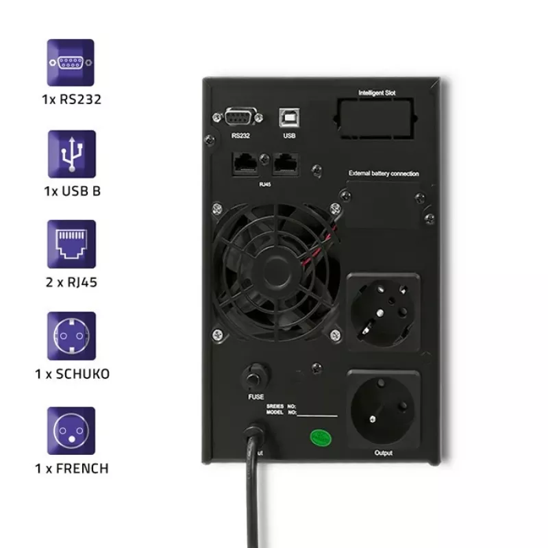 Qoltec 53042 katkematu toiteallikas (UPS) topeltmuundusega (Online) 1 kVA 800 W 2 vahelduvvoolu pistikupesa