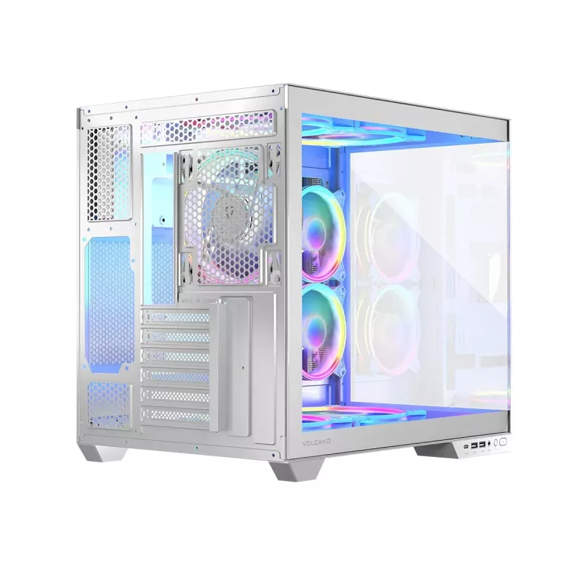 PC korpus MODECOM Volcano Panorama Midi Tower valge — micro ATX, karastatud klaas, ARGB, USB-C, toetab GPU-d 400 mm