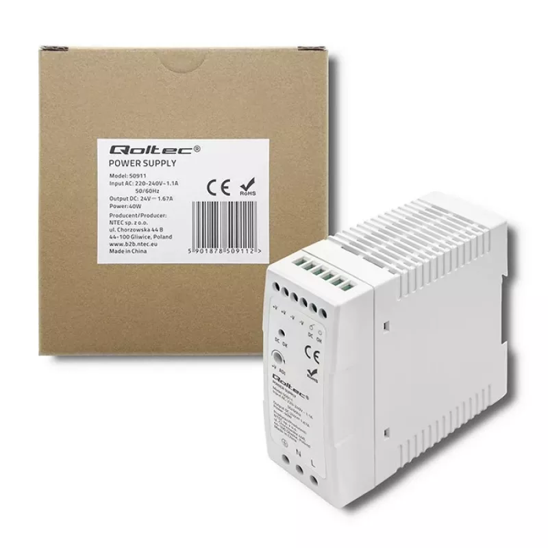 Qoltec Din Rail toiteplokk | 40W | 24V | 1.67A | Valge | õhuke