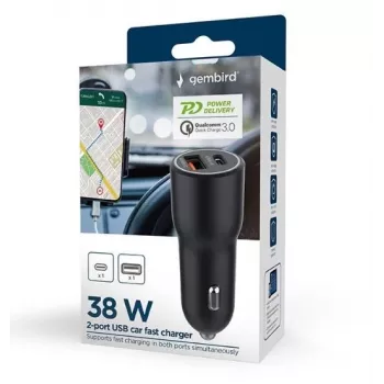 Auto mobiilseadme laadija Gembird TA-UC-AC2PDQC38-CAR-01, USB-C, 38 W, 12–24 V, must