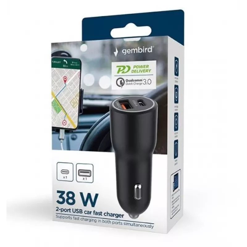 Auto mobiilseadme laadija Gembird TA-UC-AC2PDQC38-CAR-01, USB-C, 38 W, 12–24 V, must