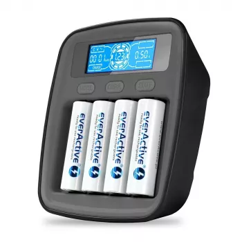Akulaadija everActive NC1000MV2 — Ni-MH 4-pesaline USB-C laadija, 4 akut, 5 V, must, 110×99×38 mm