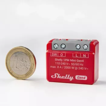 Nutikas lüliti Shelly 1PM Mini Gen4, juhtmevaba 110–240 V AC, max 8 A / 2000 W, plastkorpus 34×16×29 mm