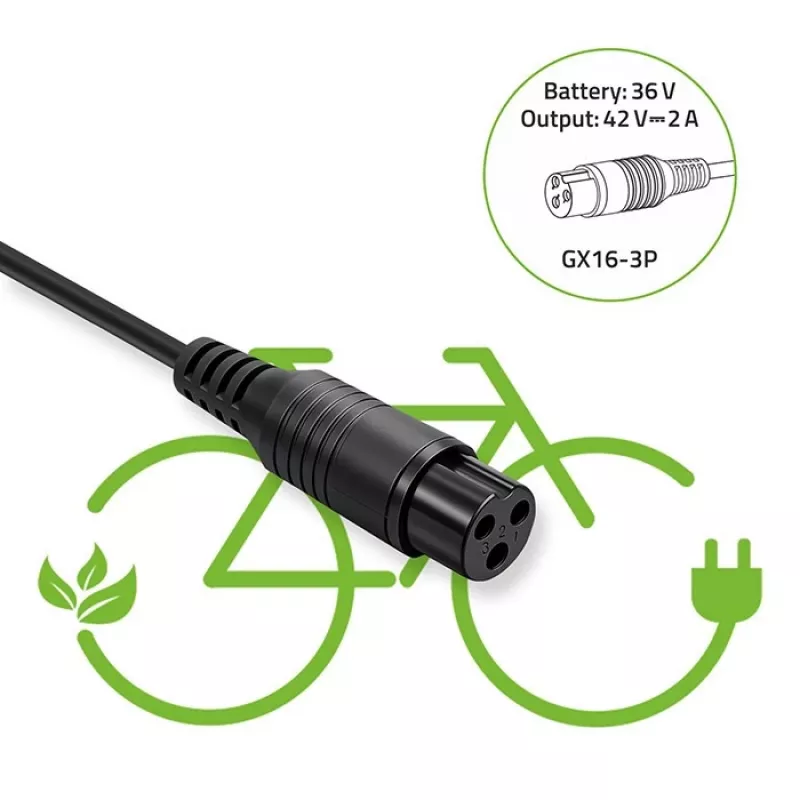 Akulaadija QOLTEC laadija e-rattale 36V 42V 2A 3P GX16