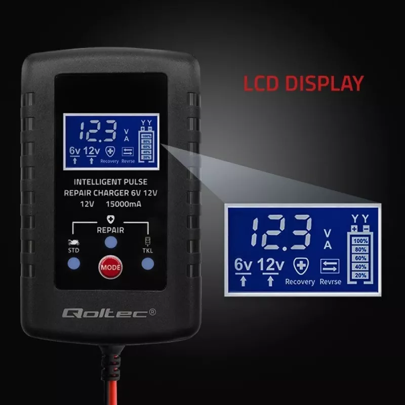 Akulaadija QOLTEC 52426 AGM/GEL/STANDARD akudele 6V/12V 2A LED-ekraaniga