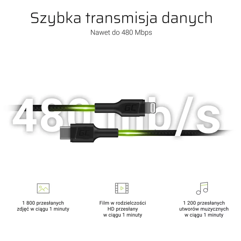Lightning to USB‑C kaabel roheline Cell KABGC07, 1 m, must, Lightning (isane) to USB‑C (isane), 480 Mbps