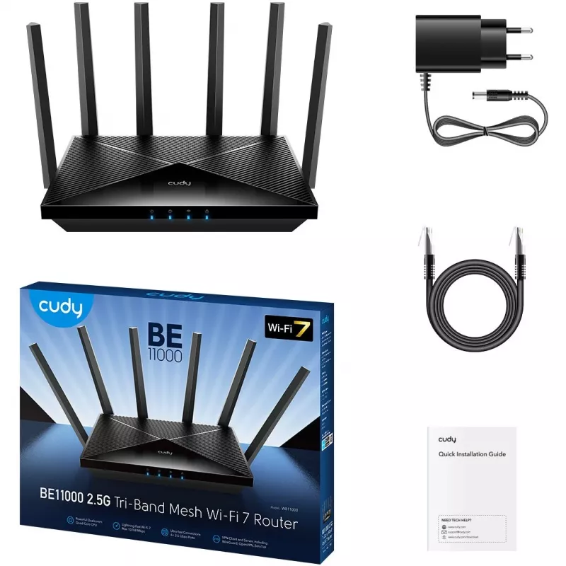 Lauapealne ruuter Cudy WR11000 — kolmeribaline 2,4/5/6 GHz, Wi‑Fi 7, 4× 2,5 Gigabit LAN, 5765 Mbps 6 GHz sagedusalas, 512 MB muutmälu