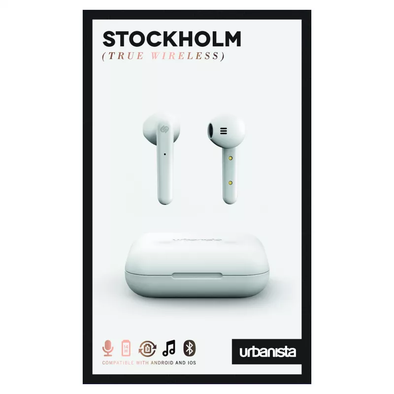 Kõrvaklapid URBANISTA Stockholm — Juhtmevabad Bluetooth-kõrvasisesed klapid kõnedeks ja muusikaks, 10 m ulatus, valge