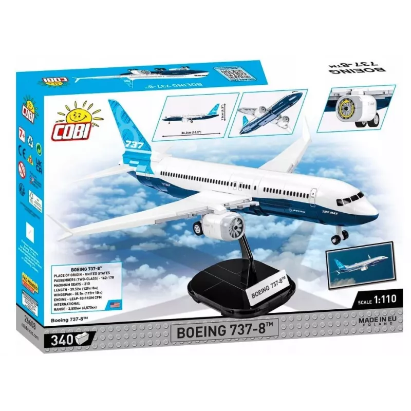 Ehituskomplekt Cobi Boeing 737-8 — 340 osa, soovitatav vanus 7+, sinine ja valge