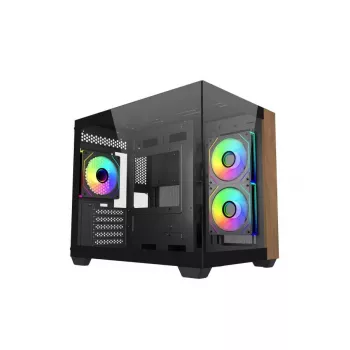 PC case Cooler Master Elite 481 Wood — kahekambriline mATX naturaalse puidust disaini ja kahe karastatud klaasist paneeliga
