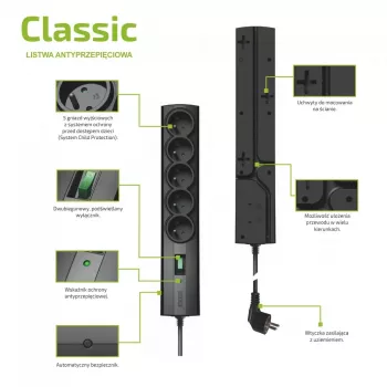 Liigpingekaitsega pikendusjuhe EVER CLASSIC 5x Type E pistikupesa, 250 V, 1,5 m kaabel, 175 J, lülitiga