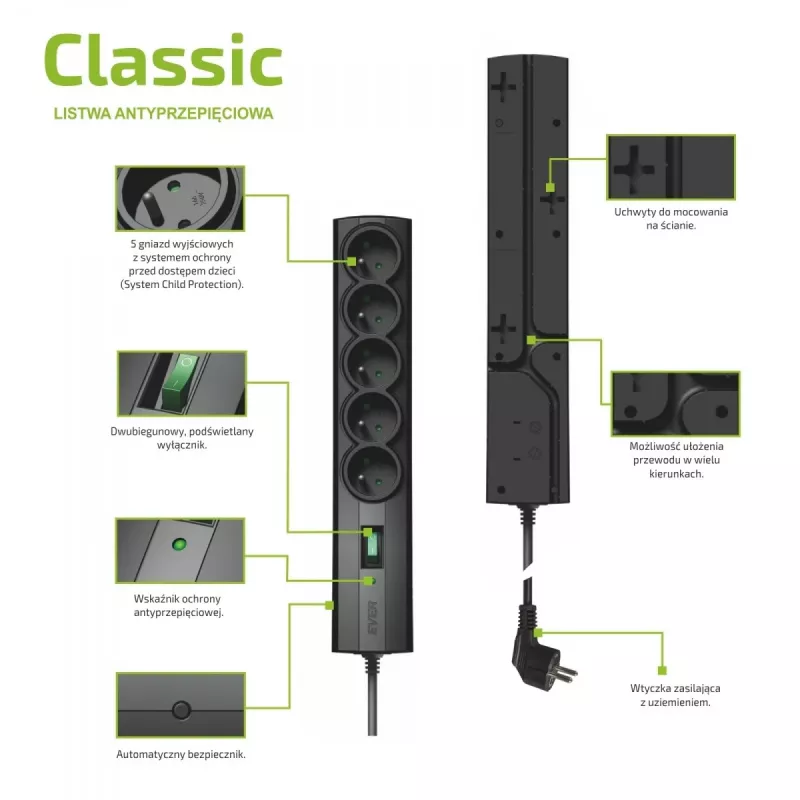 Liigpingekaitsega pikendusjuhe EVER CLASSIC 5x Type E pistikupesa, 250 V, 1,5 m kaabel, 175 J, lülitiga