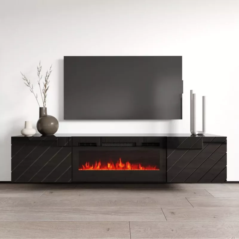 TV kapp cama meble LUXE 301126 sisseehitatud elektrikaminaga, 182,6×34,5×37,5 cm, must läikiv