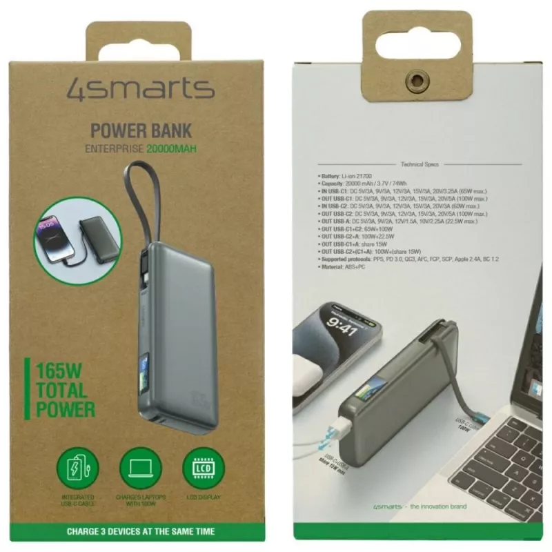 Akupank 4smarts 541603 — Li‑Ion 20000 mAh, USB‑C + USB‑A, 165W koguväljund, 5A, hall