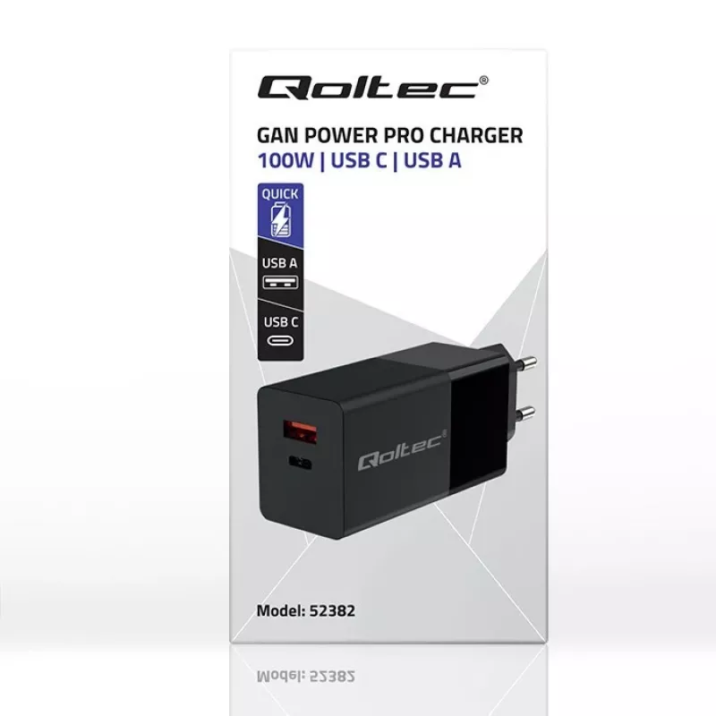 Qoltec 52382 GaN POWER PRO laadija | 1xUSB type C | 1xUSB A | 100W | 5-20V | 1.5-5A | PD | Must