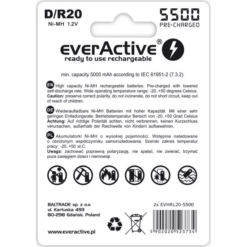 Laetav aku everActive EVHRL20-5500 D NiMH 1,2 V 5500 mAh, 2 tk pakend