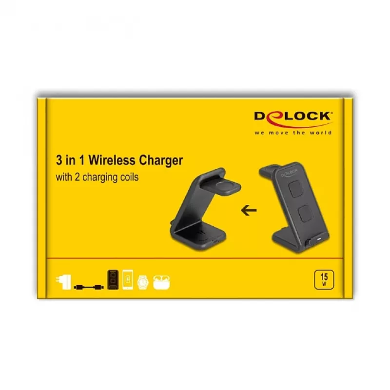 DELOCK 66941 juhtmevaba laadija 3-ühes nutitelefonile, nutikellale, kõrvaklappidele USB USB-C 15W siseruumidesse Must